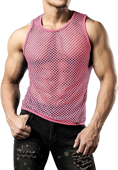JOGAL Men's Mesh Fishnet Fitted Muscle Top