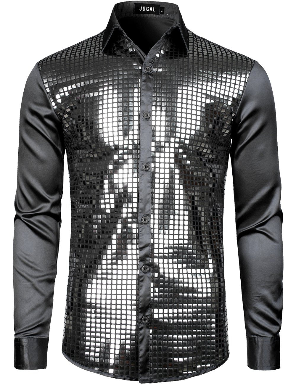 JOGAL Mens Dress Shirt Silver Sequins Long Sleeve Button Down 70s Disc JOGAL SHOP JOGAL Mens Dress Shirt Silver Sequins Long Sleeve Button Down 70s Disc JOGAL SHOP