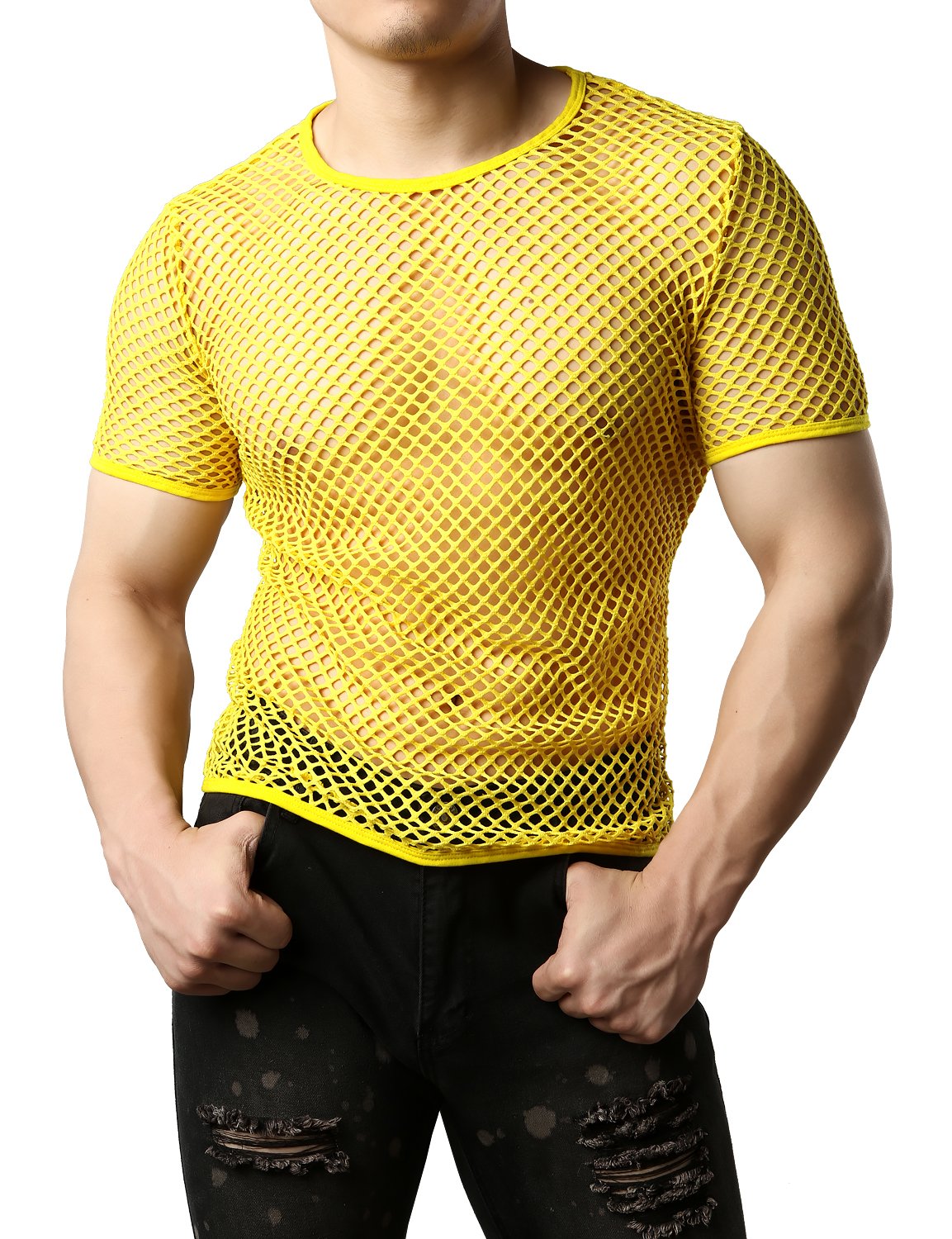 JOGAL Men's Mesh Fishnet Fitted Muscle Top