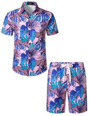 JOGAL Men's Flower Flamingo Prints Casual Button Down Short Sleeve Hawaiian Shirt Suits