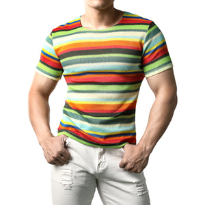 JOGAL Mens Rainbow Striped Short Sleeve Shirts Multicolored Casual T-Shirt