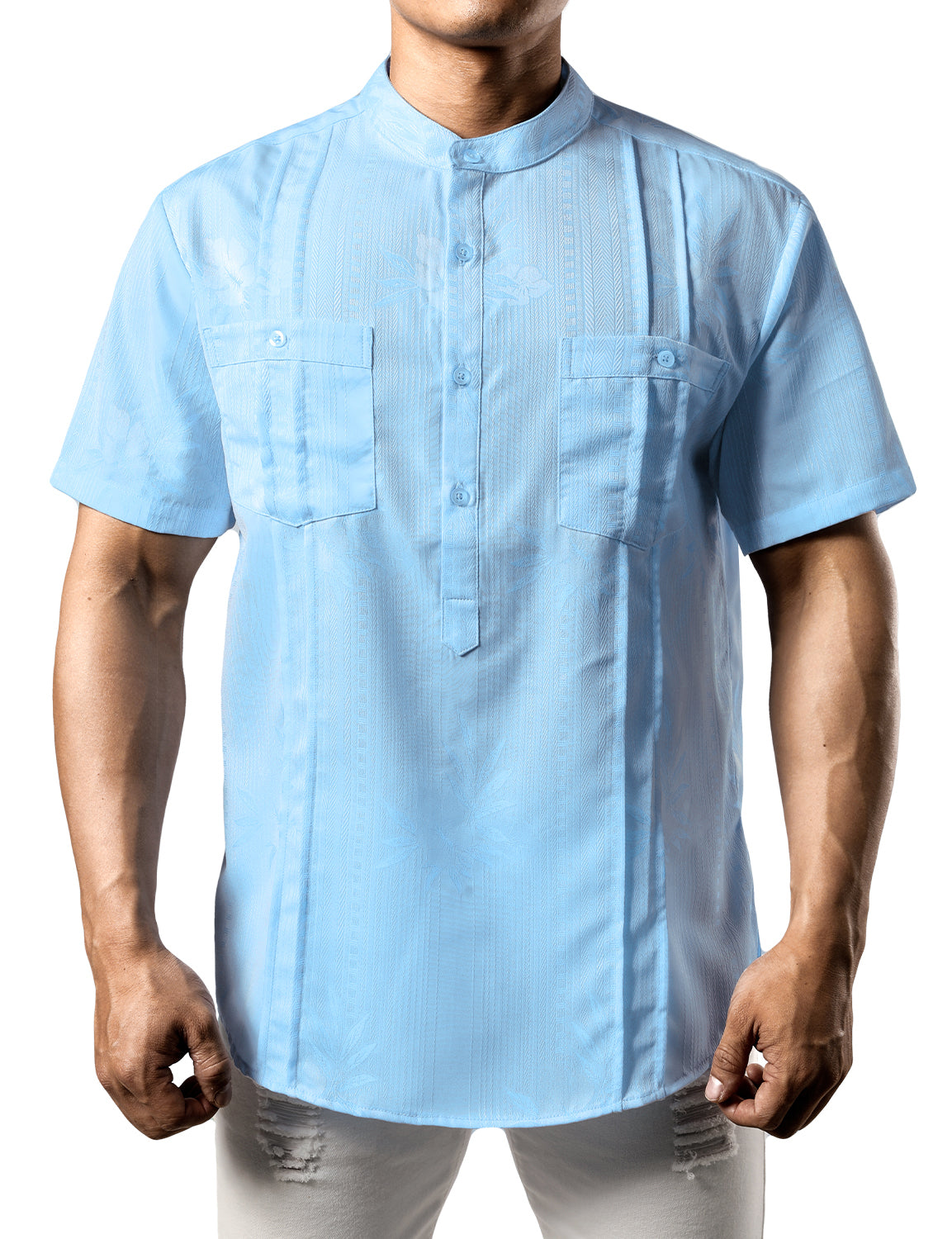 JOGAL Mens Casual Floral Jacquard Henley Shirts Short Sleeve Hawaiian Beach T-Shirt with Pocket