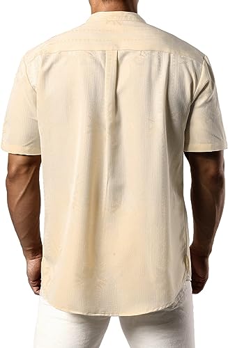 JOGAL Mens Casual Floral Jacquard Henley Shirts Short Sleeve Hawaiian Beach T-Shirt with Pocket