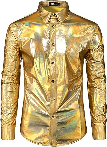 JOGAL Men's Metallic Silver Long Sleeve Button Down Shirts 70s Disco Costume