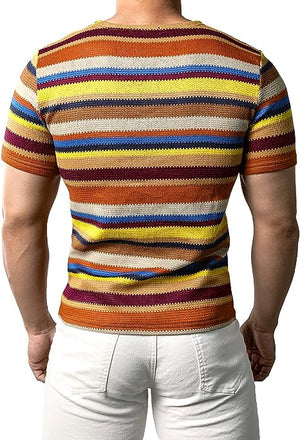 JOGAL Mens Rainbow Striped Short Sleeve Shirts Multicolored Casual T-Shirt