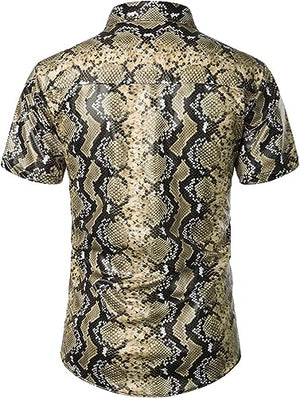 JOGAL Men's Snakeskin Print Shirts Metallic Multicoloured 70s Disco Costume Short Sleeve Button Down Shirts