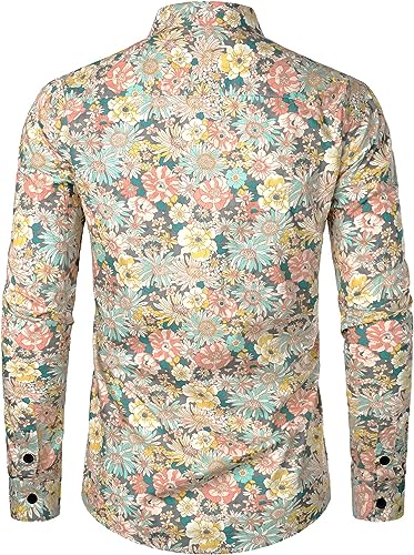 JOGAL Mens Floral Dress Shirt Long Sleeve Printed Casual Button Down Shirts