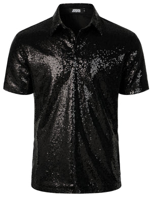 JOGAL Mens 70s Disco Polo Shirts Short Sleeve Metallic Shiny Sequins Party Nightclub Costume Collared T-Shirt