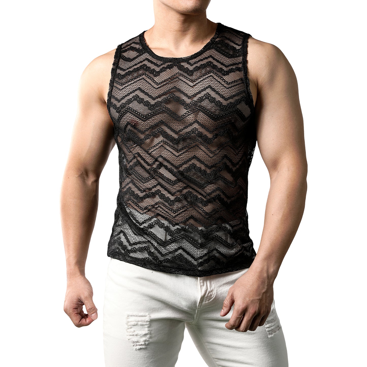 JOGAL Mens See Through Lace Shirts Sleeveless Muscle Tops