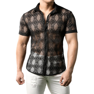 JOGAL Mens Floral Lace Shirt See Through Casual Button Down Shirts