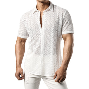 JOGAL Mens Floral Lace Shirt See Through Casual Button Down Shirts