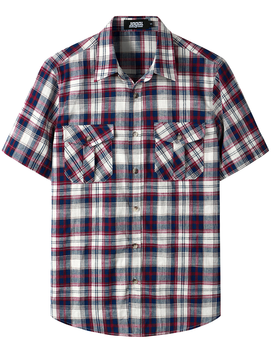 JOGAL Men's Linen Plaid Casual Button Down Shirt Western Two Pocket Short Sleeve Work Shirts