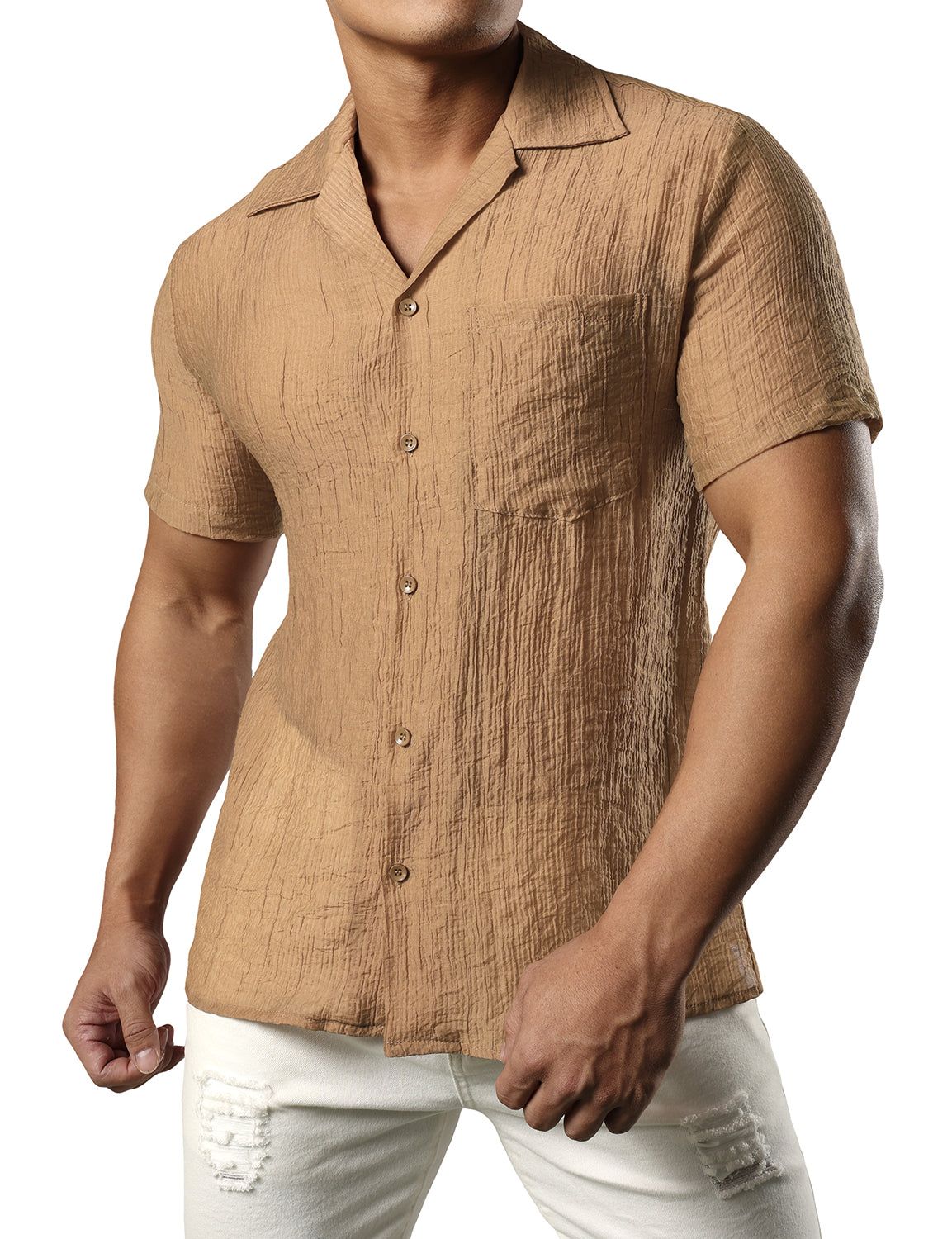 JOGAL Mens Casual Summer Pleated Shirts Short Sleeve Button Down Ultrathin Cuban Beach Shirts