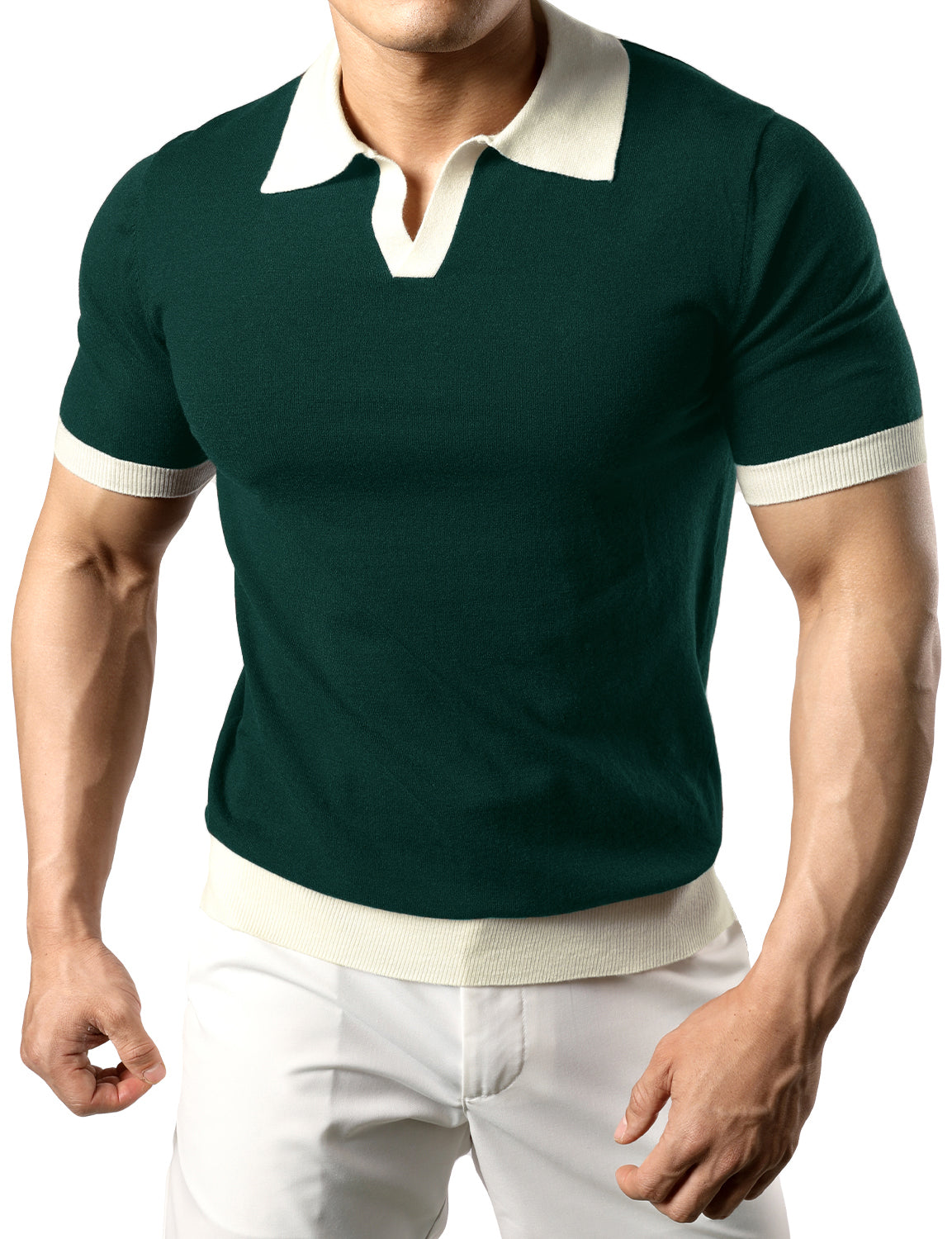 JOGAL Men's Muscle Slim Fit V Neck Knit Polo Shirts Short Sleeve Casual Pullover Golf Shirts