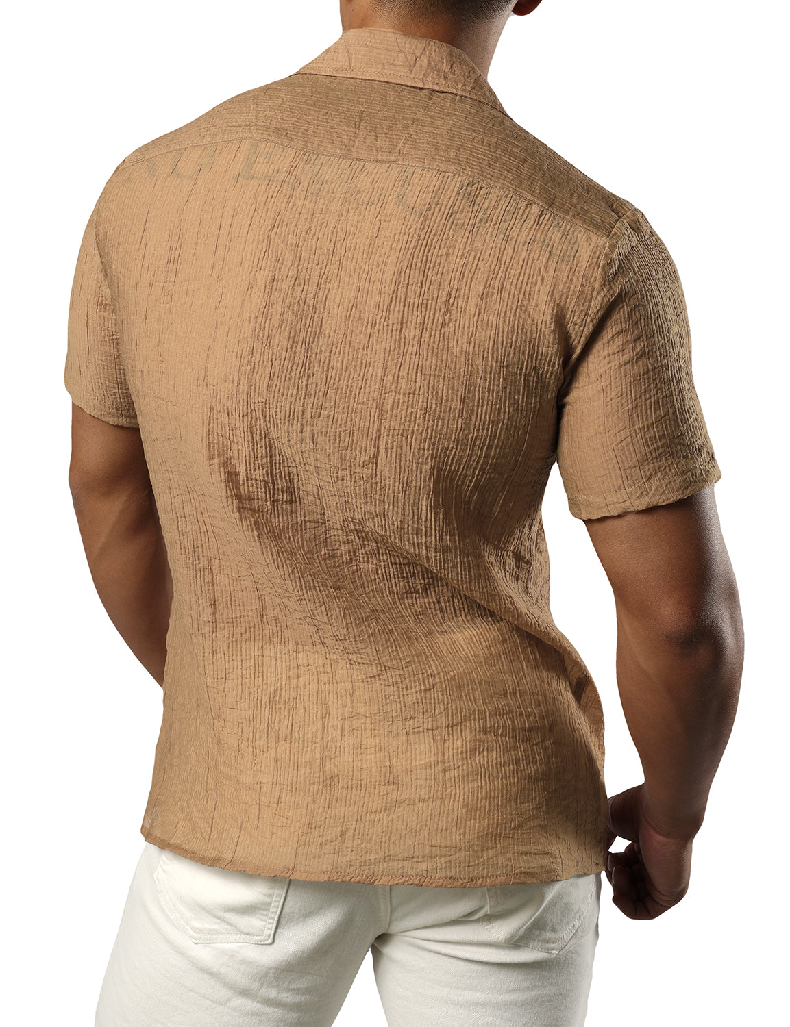 JOGAL Mens Casual Summer Pleated Shirts Short Sleeve Button Down Ultrathin Cuban Beach Shirts