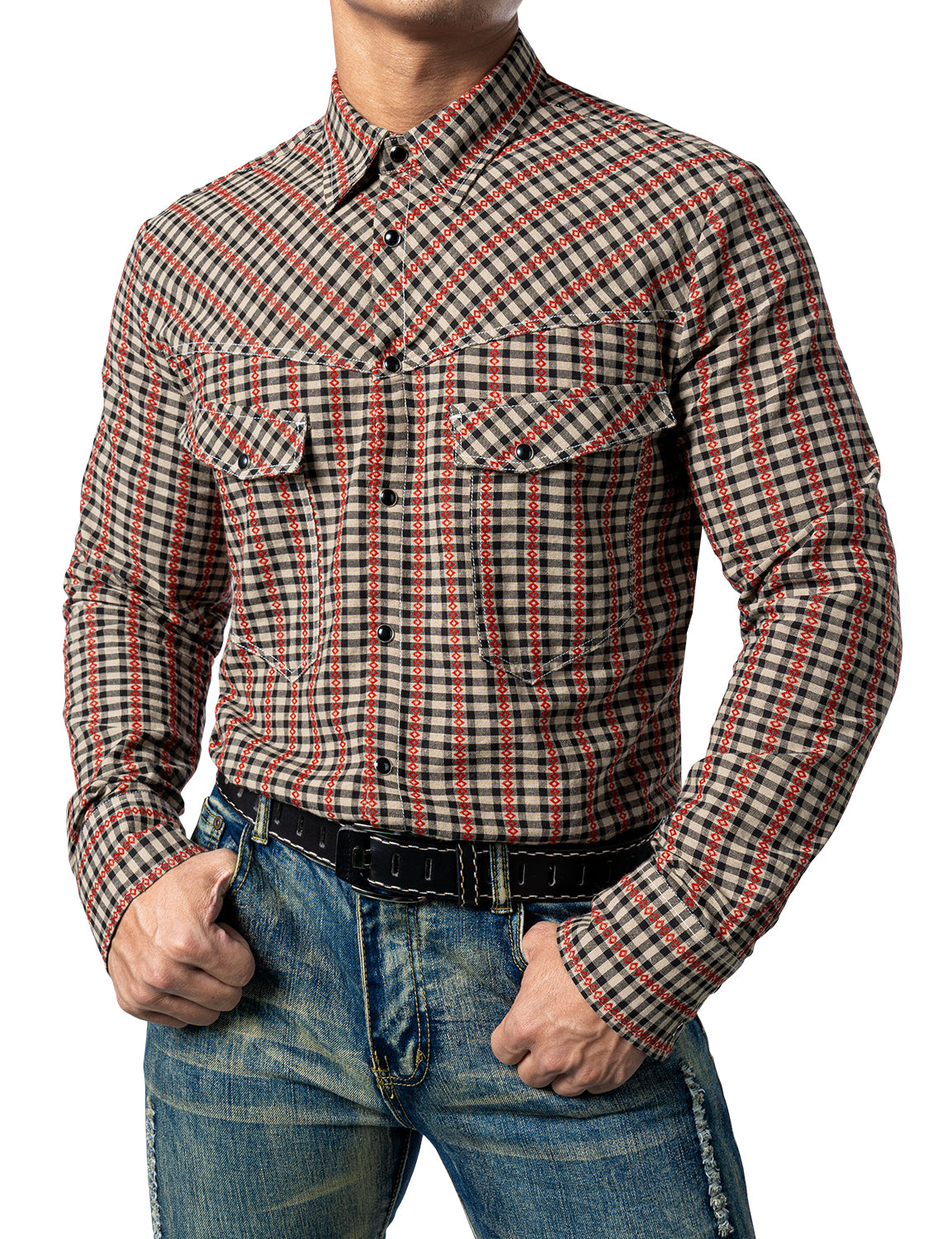 JOGAL Men's Western Plaid Shirts Long Sleeve Two Pockets Pearl Snap Work Shirts