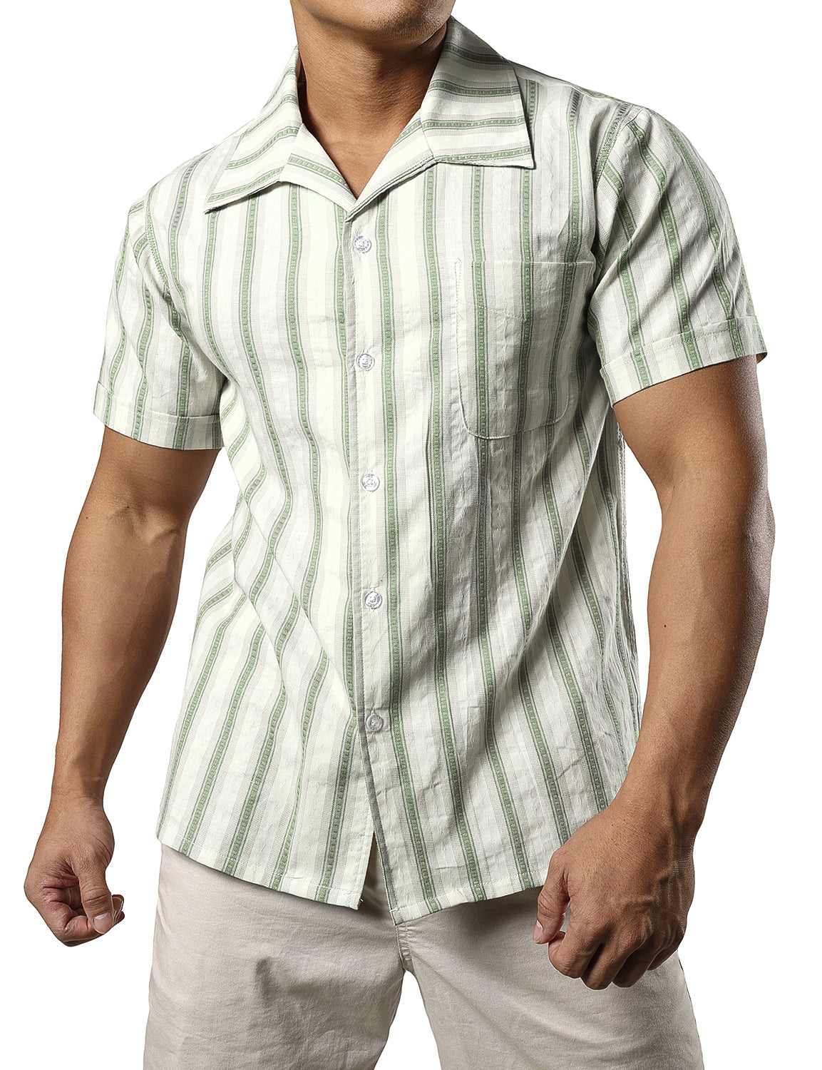 JOGAL Mens Cuban Guayabera Shirts Striped Short Sleeve Casual Button Down Shirt Hawaiian Beach Shirts