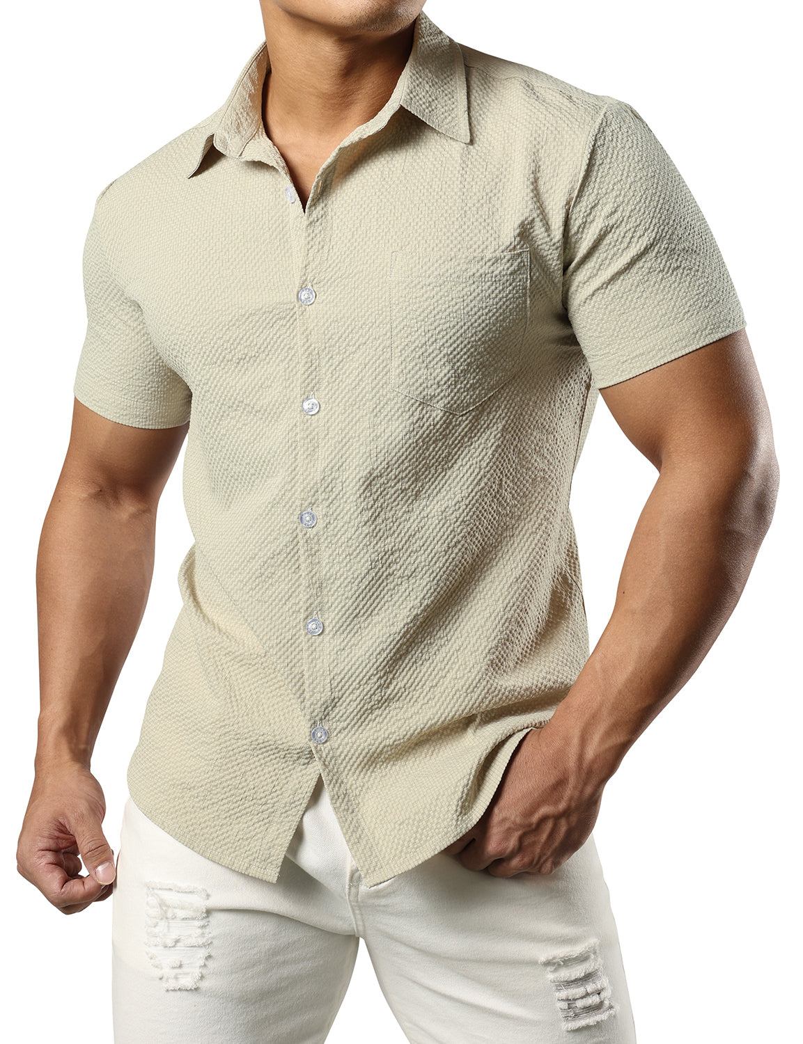 JOGAL Men's Muscle Fit Textured Dress Shirts Short Sleeve Casual Butto –  JOGAL SHOP
