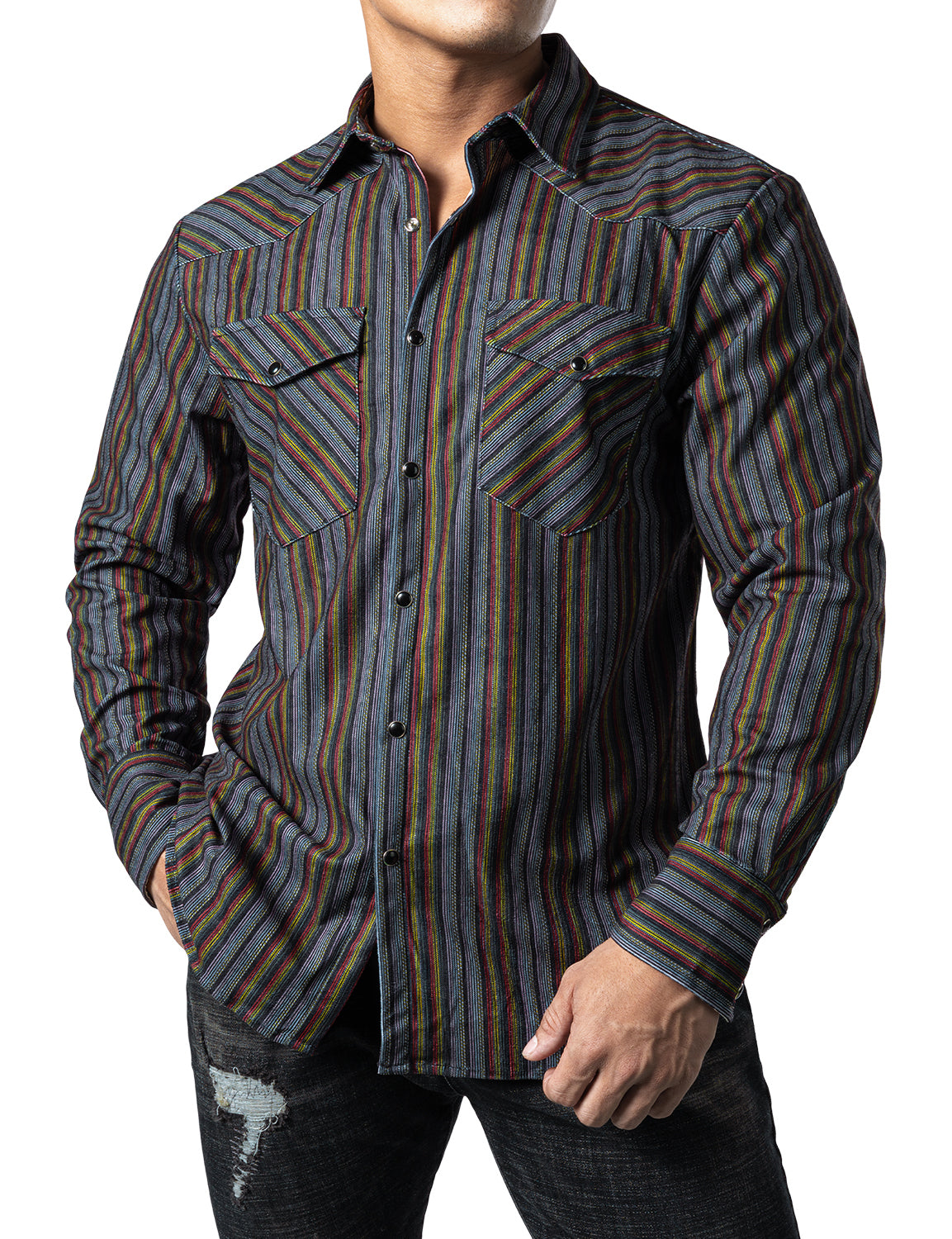JOGAL Men's Corduroy Shirts Long Sleeve Striped Shacket Jacket with Two Flap Pockets