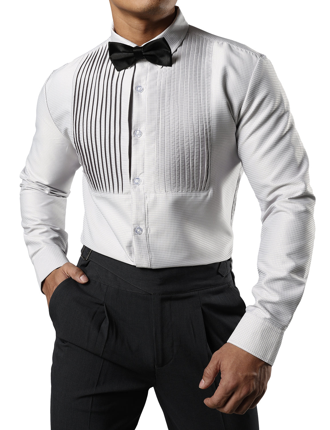 JOGAL Men's Pleated Tuxedo Shirt Long Sleeve Button Down Formal Dress Shirts with Bow Tie
