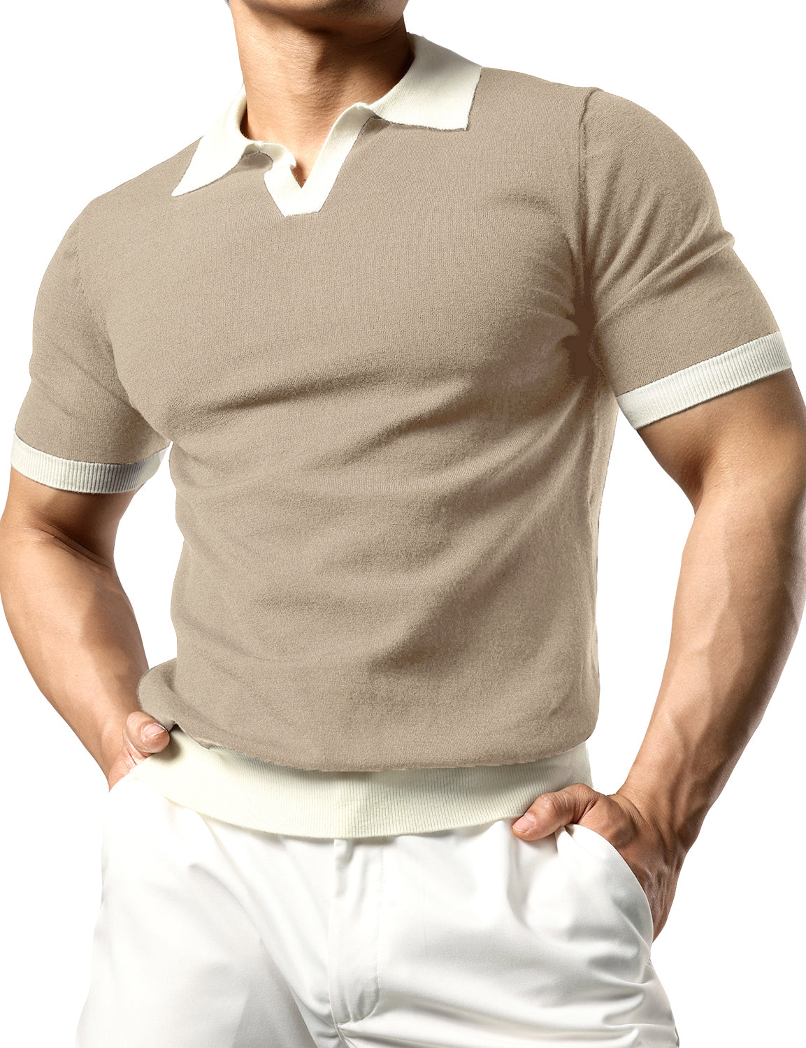 JOGAL Men's Muscle Slim Fit V Neck Knit Polo Shirts Short Sleeve Casual Pullover Golf Shirts