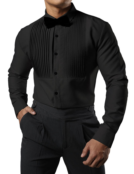JOGAL Men's Pleated Tuxedo Shirt Long Sleeve Button Down Formal Dress Shirts with Bow Tie