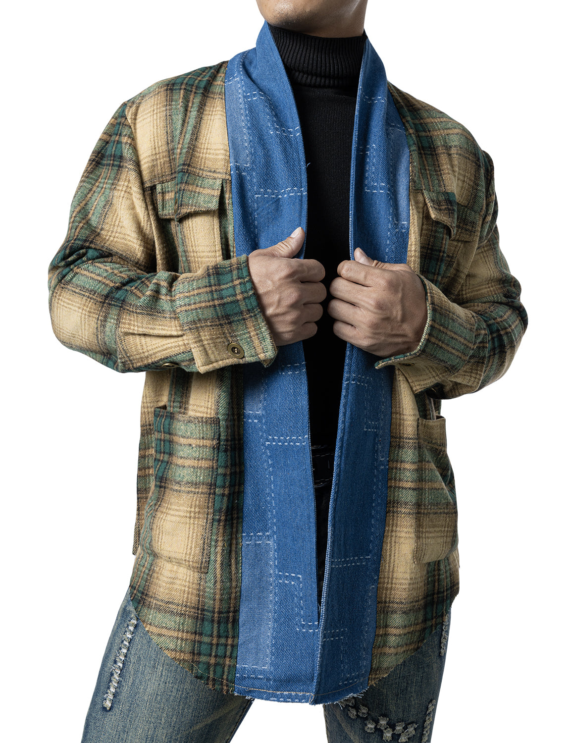 JOGAL Mens Flannel Plaid Shirt Jacket Long Sleeve Casual Open Front Outwear with Pockets