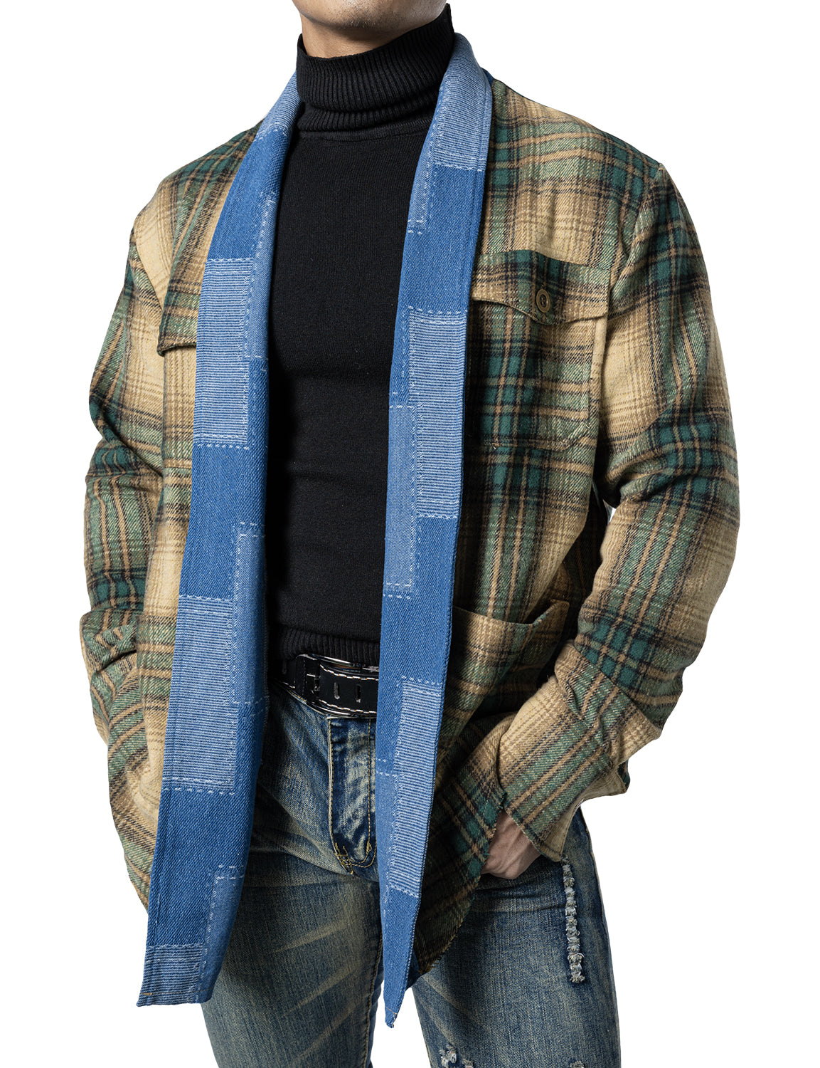 JOGAL Mens Flannel Plaid Shirt Jacket Long Sleeve Casual Open Front Outwear with Pockets