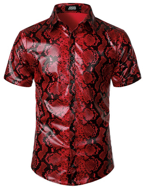 JOGAL Men's Snakeskin Print Shirts Metallic Multicoloured 70s Disco Costume Short Sleeve Button Down Shirts