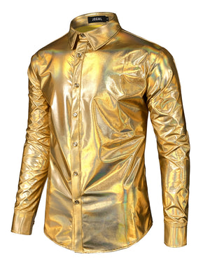 JOGAL Men's Metallic Silver Long Sleeve Button Down Shirts 70s Disco Costume