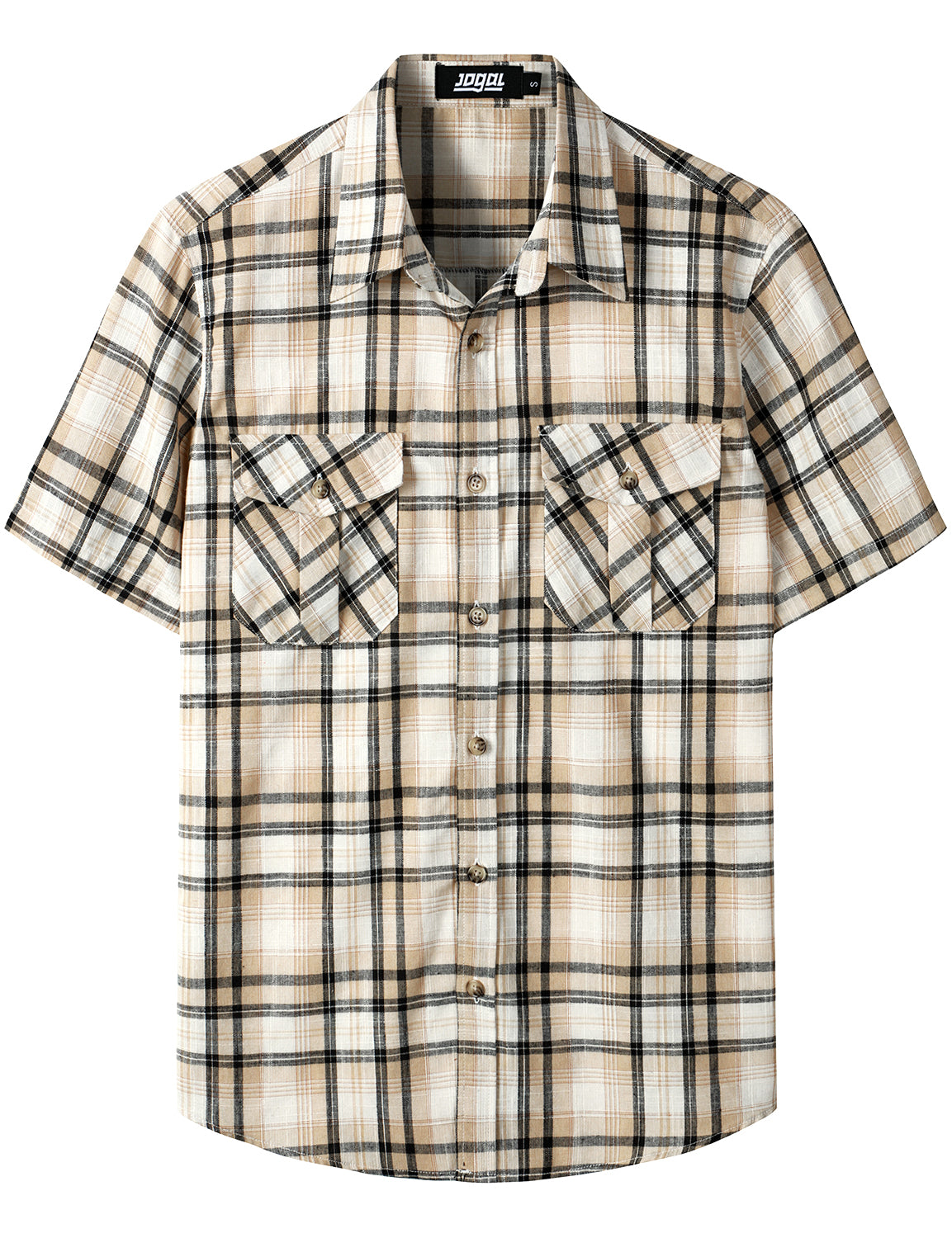JOGAL Men's Linen Plaid Casual Button Down Shirt Western Two Pocket Short Sleeve Work Shirts