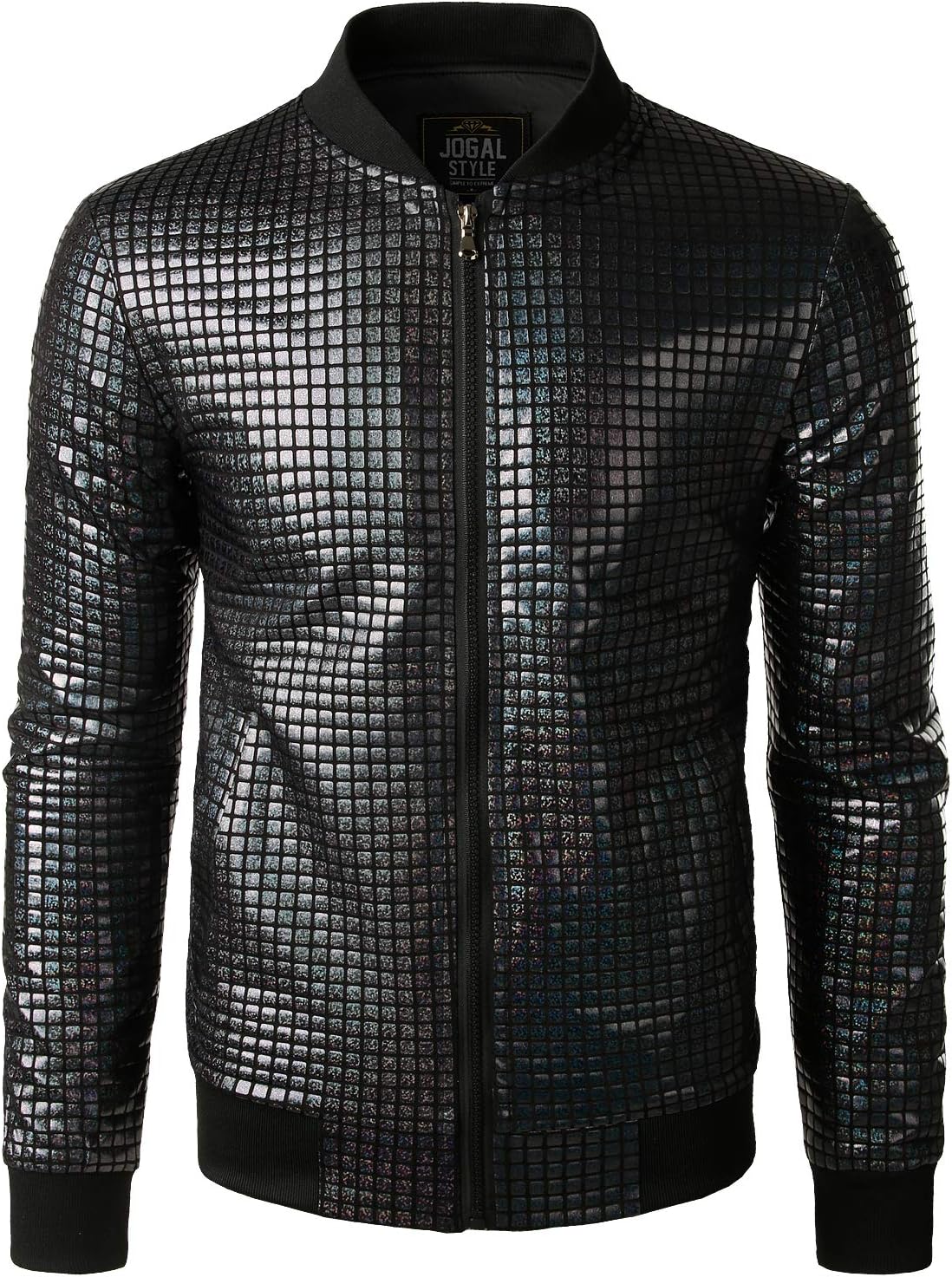 JOGAL A099/A362 men's 70s Disco Metallic Shiny Bomber Jacket in Black, front view