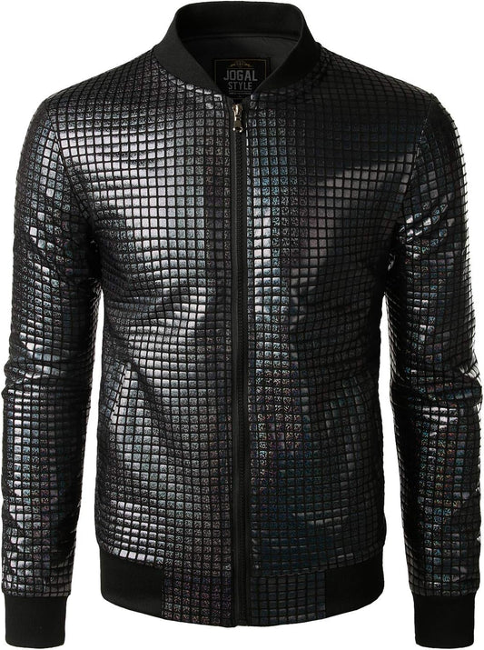 JOGAL A099/A362 men's 70s Disco Metallic Shiny Bomber Jacket in Black, front view