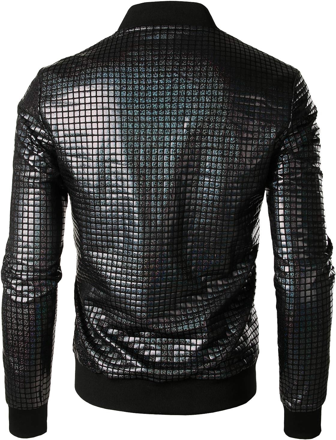JOGAL A099/A362 men's 70s Disco Metallic Shiny Bomber Jacket in Black, back view