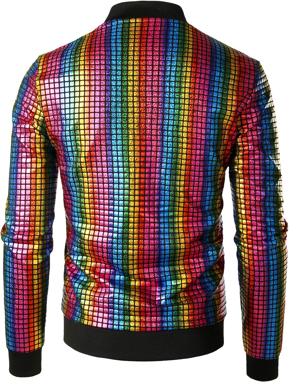 JOGAL A099/A362 men's 70s Disco Metallic Shiny Bomber Jacket in Black Multicolor, back view