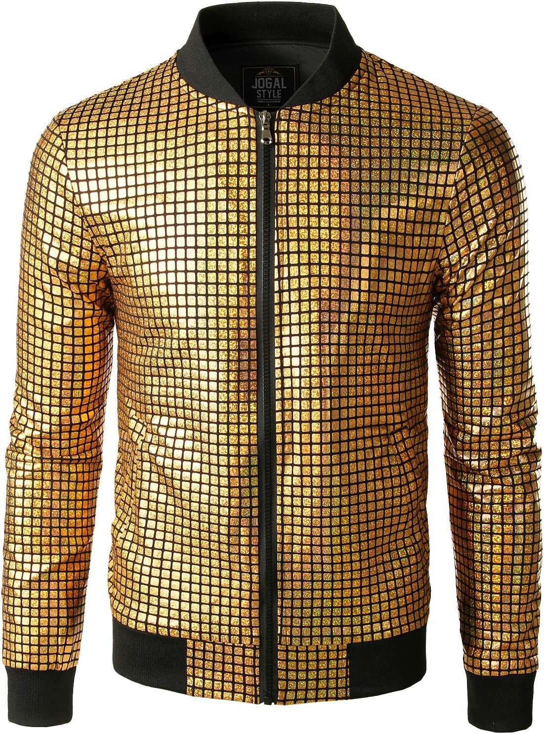 JOGAL A099/A362 men's 70s Disco Metallic Shiny Bomber Jacket in Gold, front view