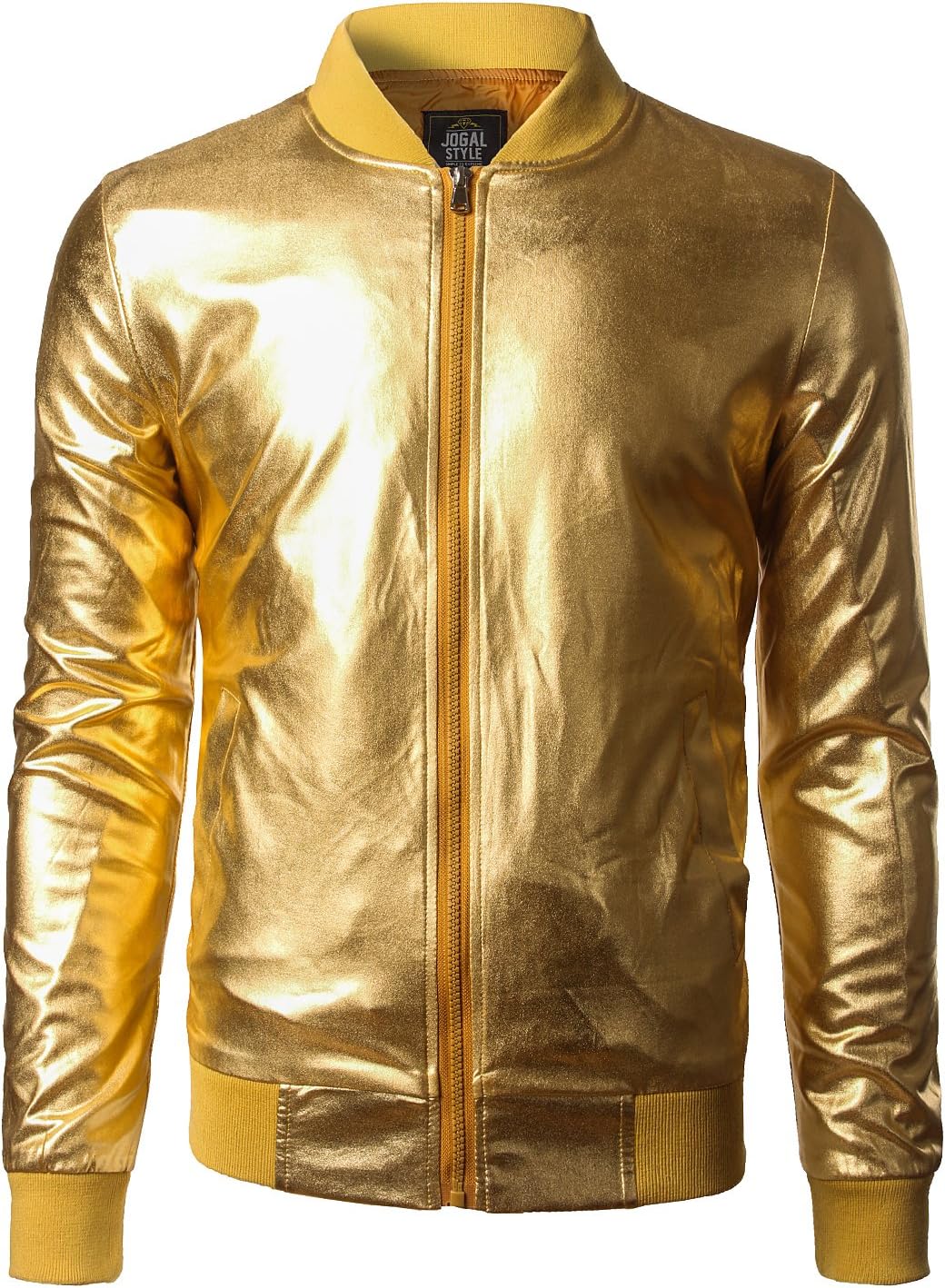 JOGAL A099/A362 men's 70s Disco Metallic Shiny Bomber Jacket in Goldn, front view