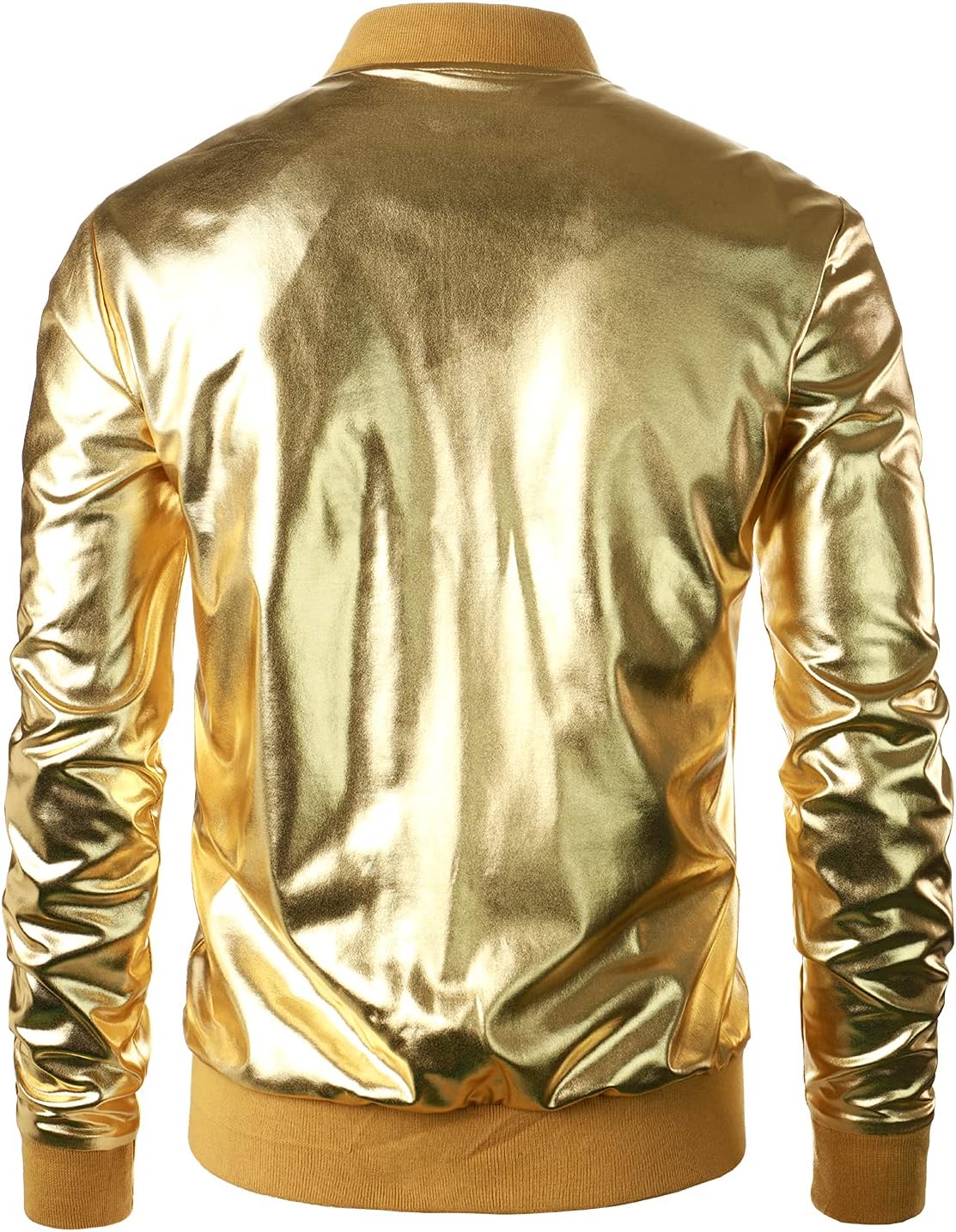 JOGAL A099/A362 men's 70s Disco Metallic Shiny Bomber Jacket in Goldn, back view