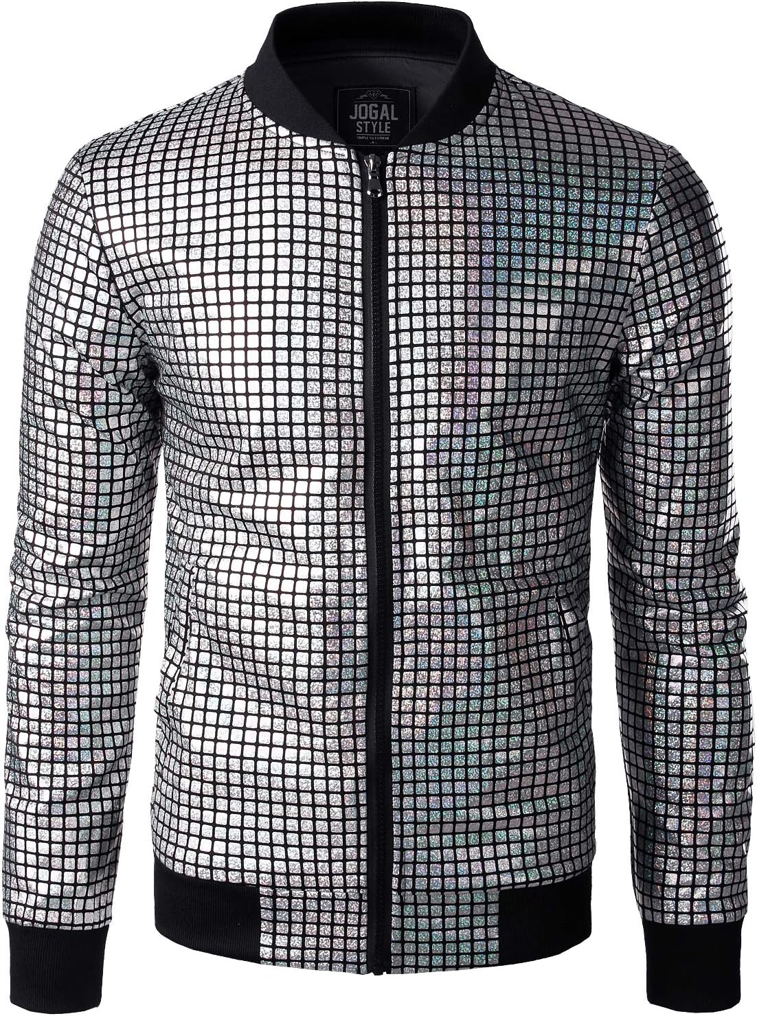JOGAL A099/A362 men's 70s Disco Metallic Shiny Bomber Jacket in Silver, front view