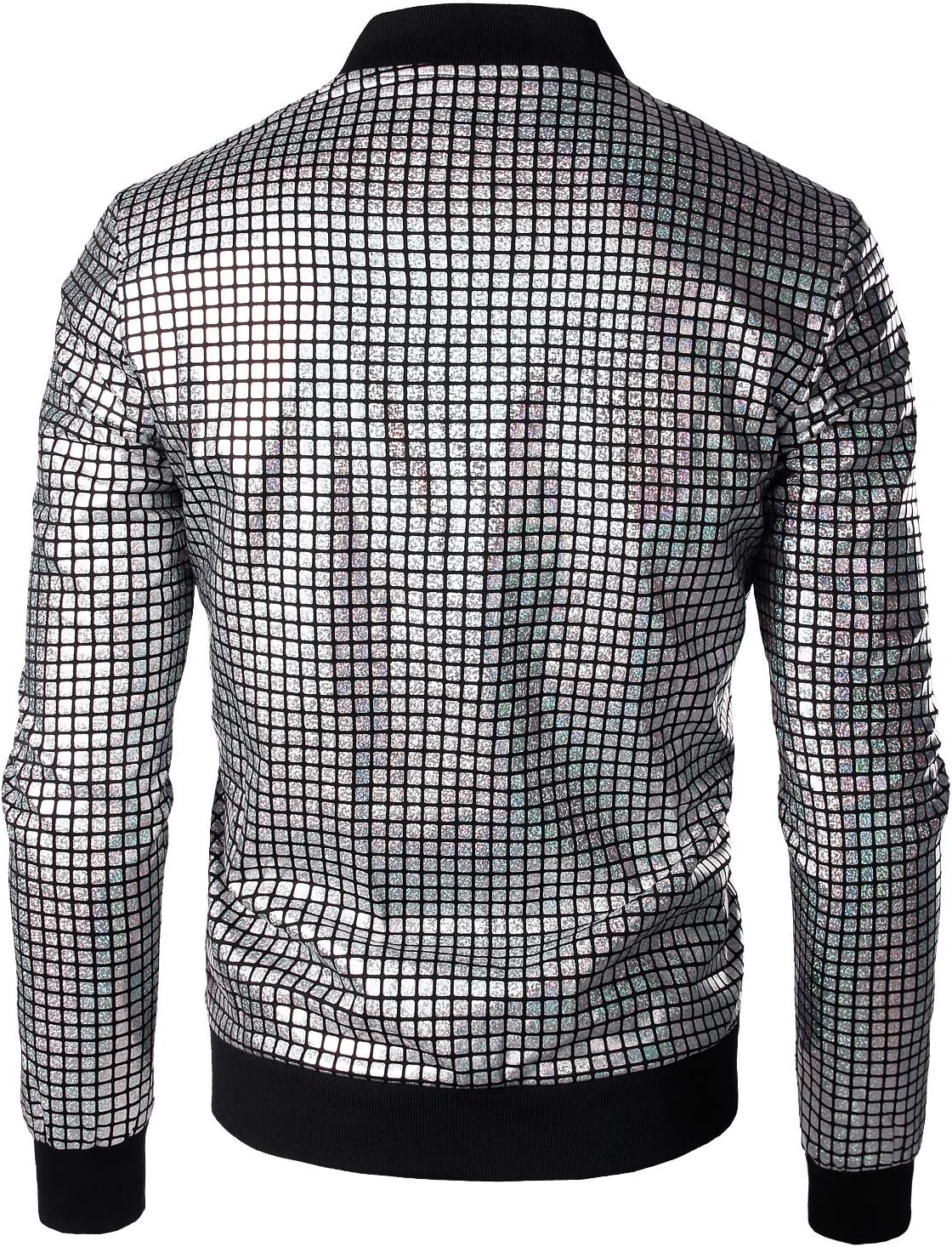 JOGAL A099/A362 men's 70s Disco Metallic Shiny Bomber Jacket in Silver, back view