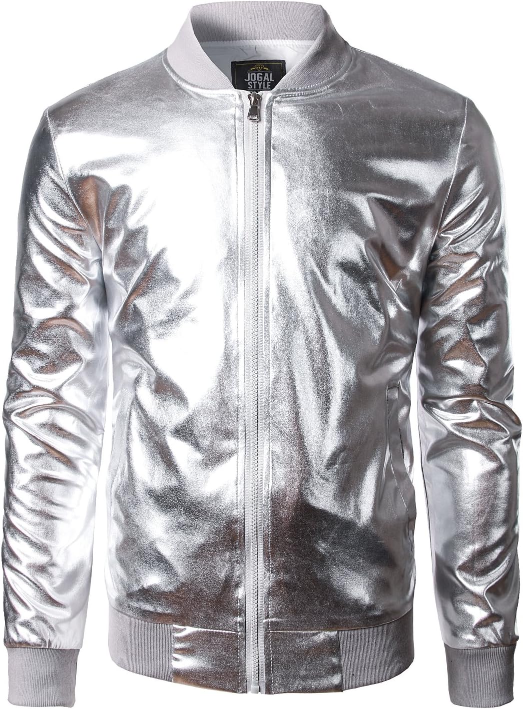 JOGAL A099/A362 men's 70s Disco Metallic Shiny Bomber Jacket in Silvery, front view