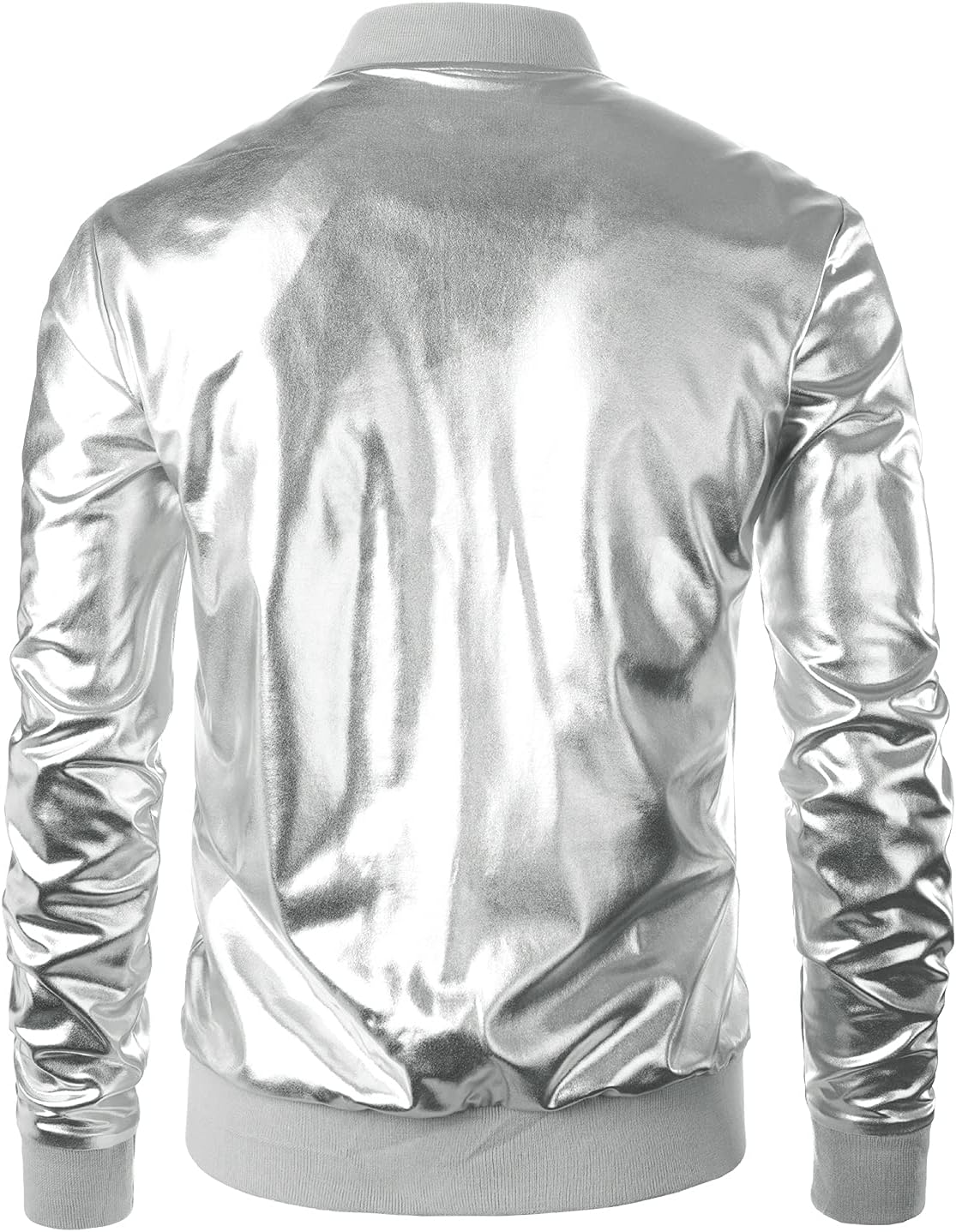 JOGAL A099/A362 men's 70s Disco Metallic Shiny Bomber Jacket in Silvery, back view