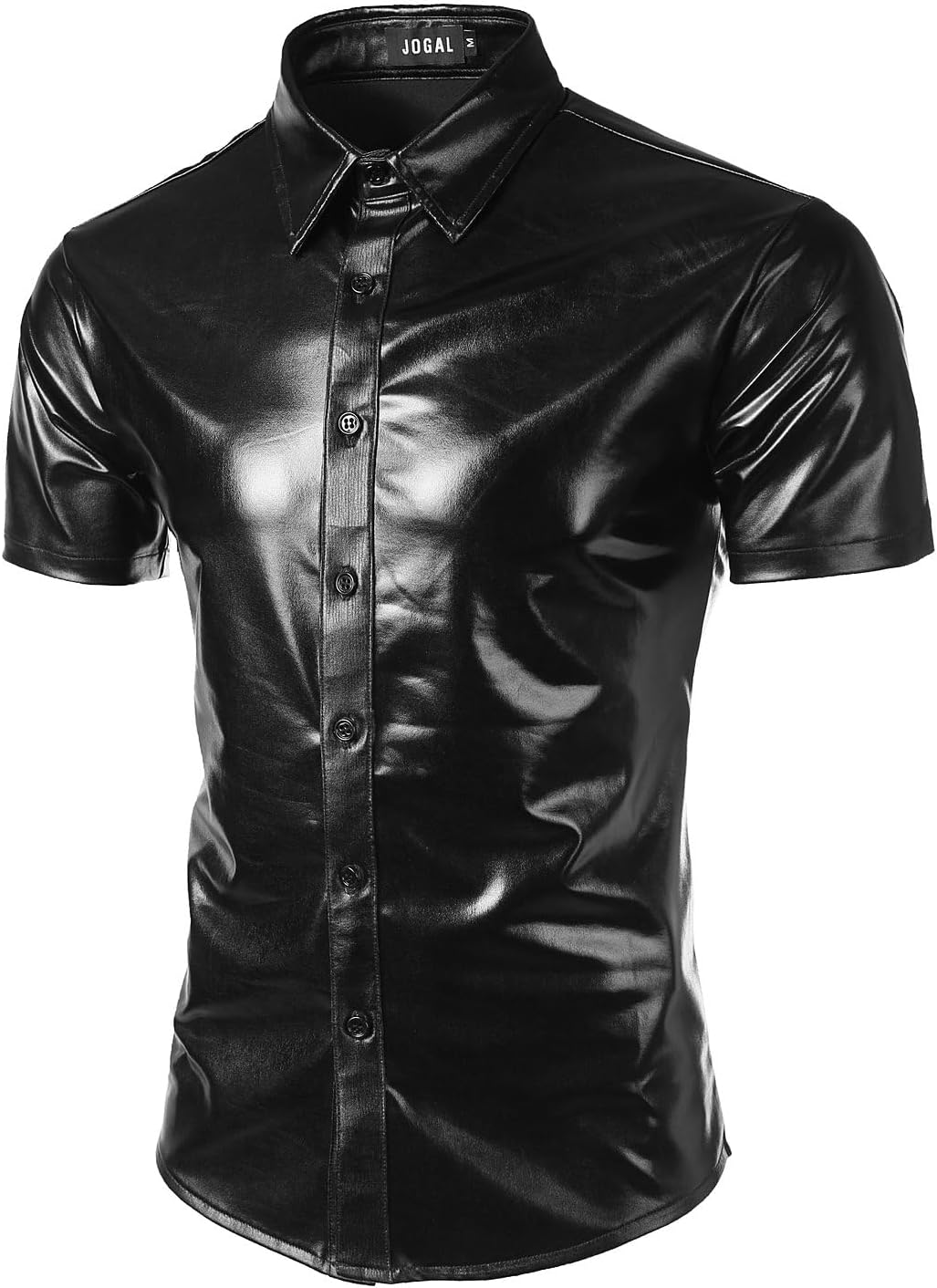 JOGAL A316 men's metallic disco short sleeve shirt in Black front view