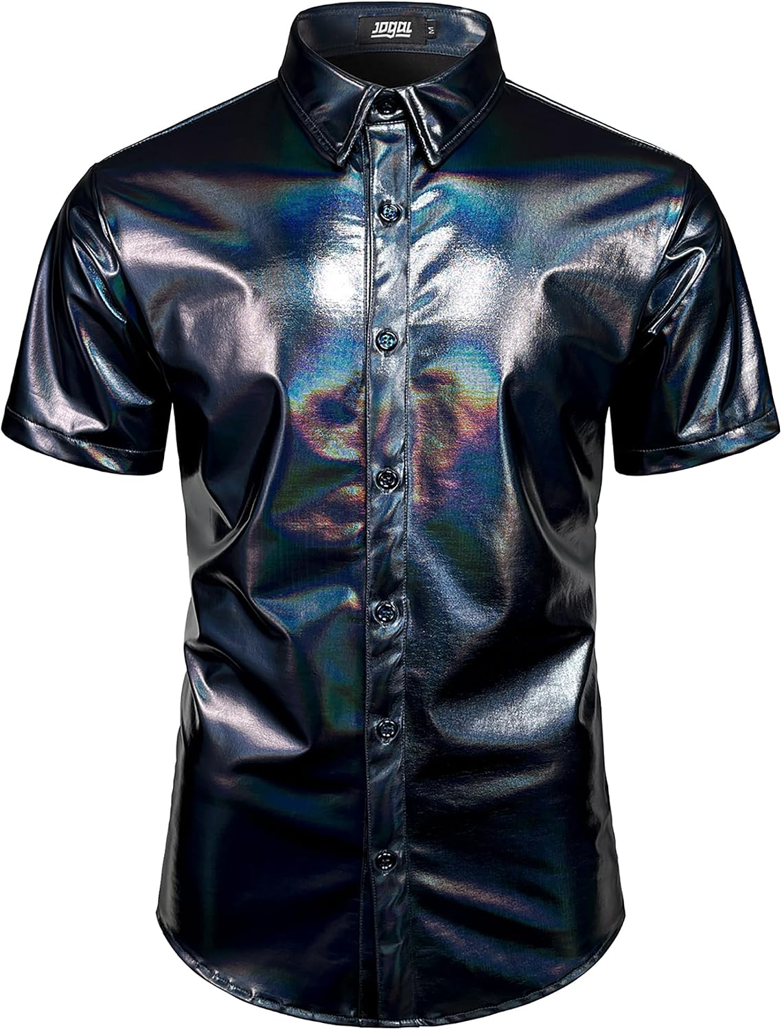 JOGAL A316 men's metallic disco short sleeve shirt in Dull Black front view