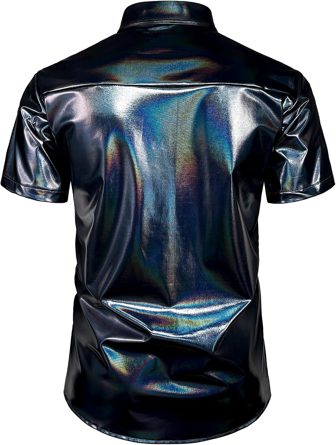 JOGAL A316 men's metallic disco short sleeve shirt in Dull Black back view