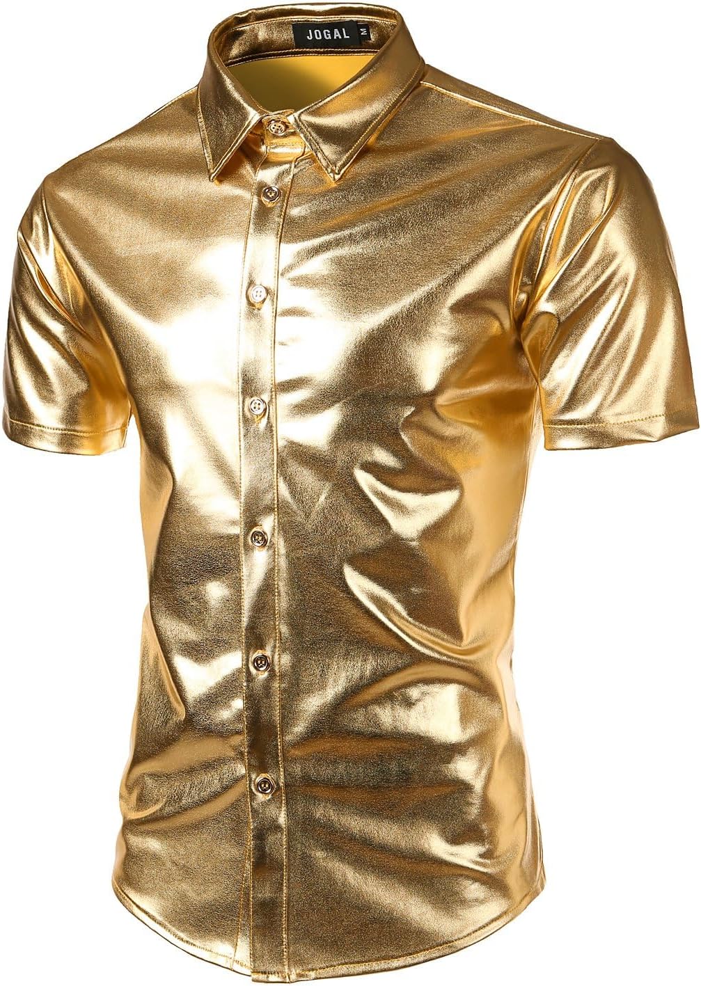JOGAL A316 men's metallic disco short sleeve shirt in Gold front view