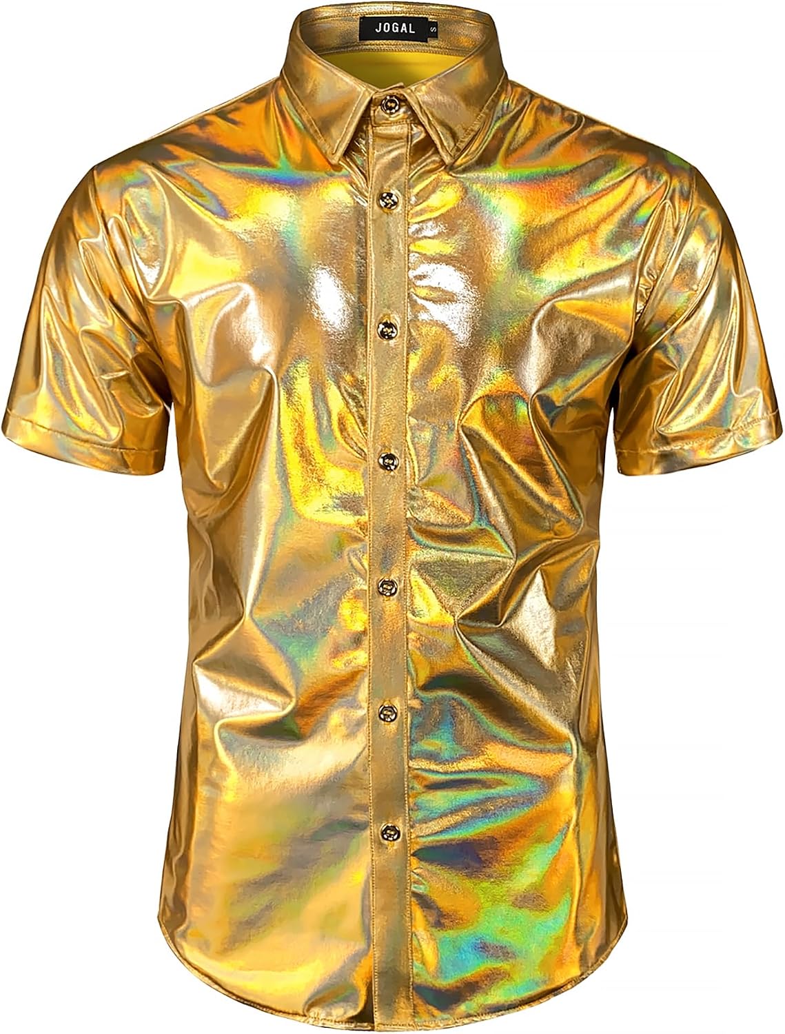 JOGAL A316 men's metallic disco short sleeve shirt in Goldshimmer front view