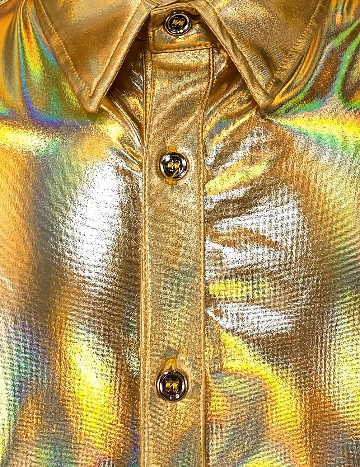 JOGAL A316 men's metallic disco short sleeve shirt construction detail shown in Goldshimmer (applies to Goldshimmer, Silvershimmer, Dull Black, Pink)