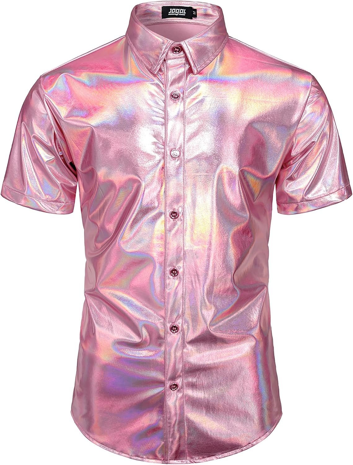 JOGAL A316 men's metallic disco short sleeve shirt in Pink front view