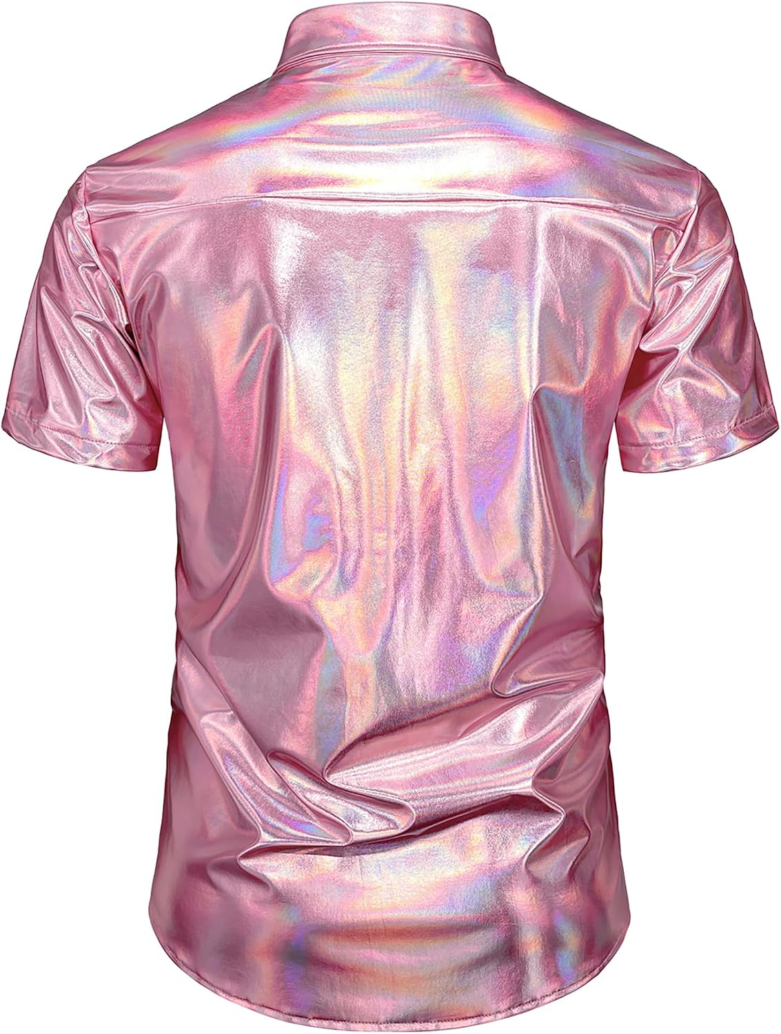 JOGAL A316 men's metallic disco short sleeve shirt in Pink back view